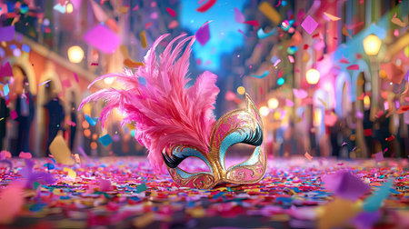 Feathered carnival mask resting on confetti-filled street with light and copy spaceの素材