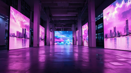 Large crowd-free art gallery with vivid installations and clear area for copyの素材