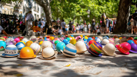 Colorful maracas and hats lying on festival ground, sunlit copy spaceの素材