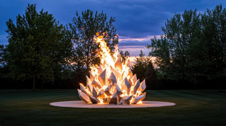 Geometric wooden art sculpture burning against dusk sky, soft copy space aboveの素材