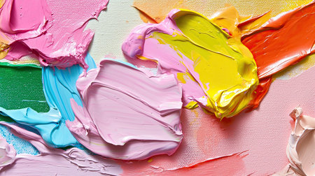 Close-up of textured paint layers on community art project with empty cornerの素材