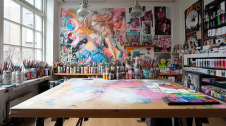 Giant mural in progress with creative tools in foreground and clear spaceの素材