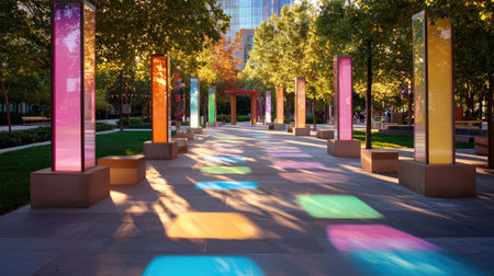 Eclectic festival sculpture garden with colorful shadows and empty zoneの素材