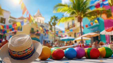 Colorful maracas and hats lying on festival ground, sunlit copy spaceの素材