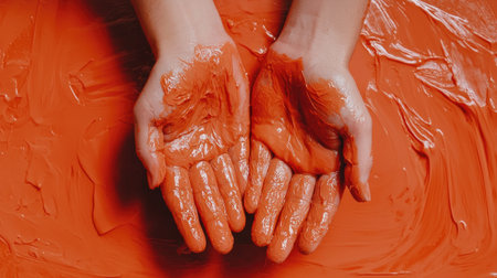 Close-up of hands covered in tomato pulp during a wild tomato fight with room for textの素材