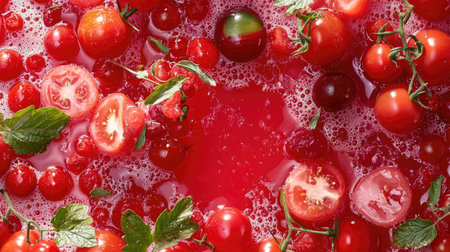 Ground covered in tomato juice and skins under sunlight, vibrant mess with space for copyの素材