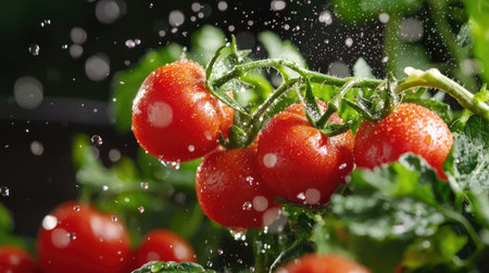 Flying tomatoes and splashes frozen in motion against a blurred background with text areaの素材
