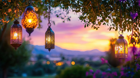 Hanging lanterns glowing at dusk in open desert air, soft backgroundの素材