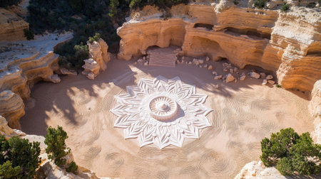 Mandala structure casting shadows on desert floor with clear text spaceの素材