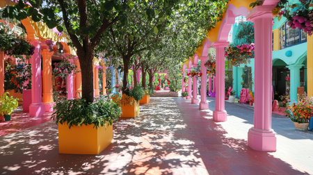 Eclectic festival sculpture garden with colorful shadows and empty zoneの素材