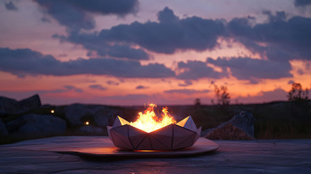 Geometric wooden art sculpture burning against dusk sky, soft copy space aboveの素材