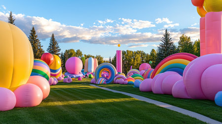 Giant inflatable art piece set in grassy field, wide angle with copy spaceの素材