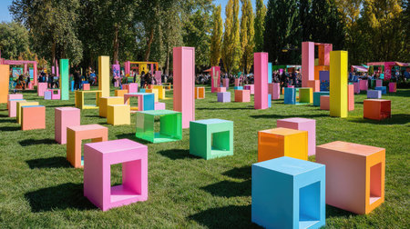Eclectic festival sculpture garden with colorful shadows and empty zoneの素材