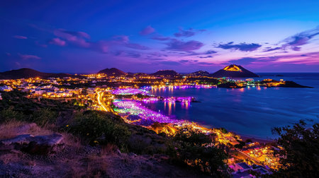Distant view of vibrant island lit up for international music festival, still and empty, plenty of space to add textの素材