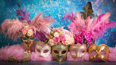 Feather boas and masks displayed on table pre-event with copy spaceの素材