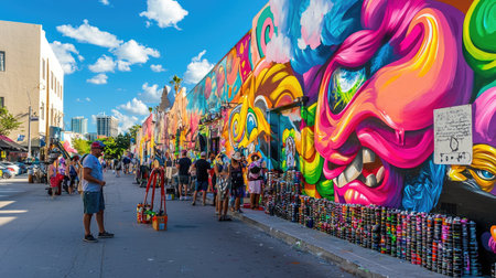 Giant mural in progress with creative tools in foreground and clear spaceの素材