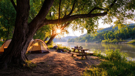 Empty camping area near the Danube River on festival island, tents aligned, open field for adding copyの素材