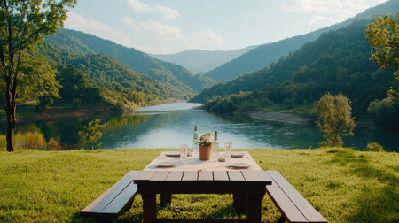 Clean and empty picnic zones on festival island with river view and mountains in background, text-friendly layoutの素材