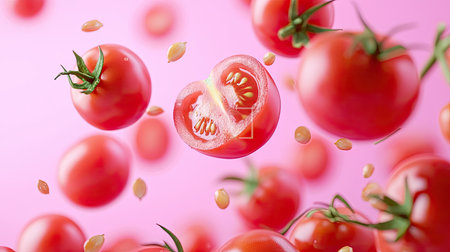 Juicy tomato halves with seeds flying mid-air, bright tones and copy spaceの素材