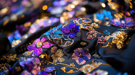 Close-up of beaded patterns on parade fabric with blurred edge for copyの素材