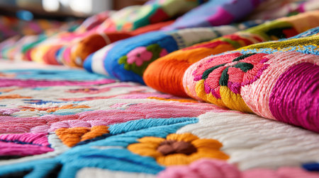 Close-up of beaded patterns on parade fabric with blurred edge for copyの素材