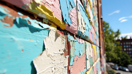 Close-up of textured paint layers on community art project with empty cornerの素材