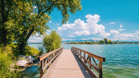 Long empty bridge connecting Danube island festival site to the mainland, perfect symmetry and text areaの素材