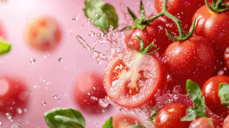 Flying tomatoes and splashes frozen in motion against a blurred background with text areaの素材