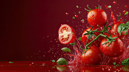 Juicy smashed tomato splattering mid-air during festive throw, vibrant red burst with copy spaceの素材