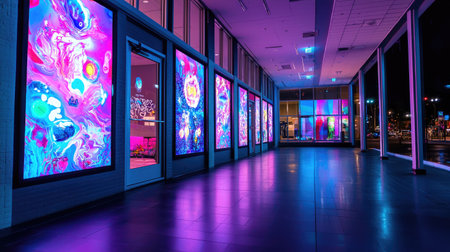 Large crowd-free art gallery with vivid installations and clear area for copyの素材