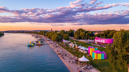 Top view of colorful empty festival structures surrounded by Danube water and greenery, space for brandingの素材