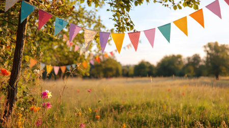Minimalist shot of festival flags waving gently over empty field on Danube island, early morning light, text space availableの素材