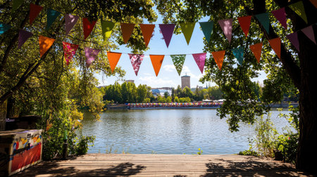 View through hanging festival flags framing the empty island stage, Danube River flowing gently beyond, copy area clearの素材
