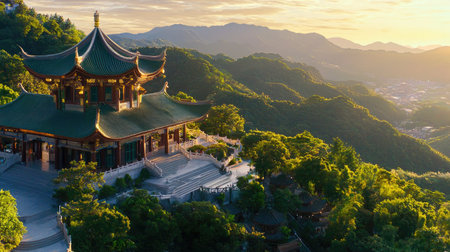 This stunning image captures a serene mountain temple at sunrise, surrounded by lush green hills, creating a tranquil atmosphere perfect for relaxation.の素材