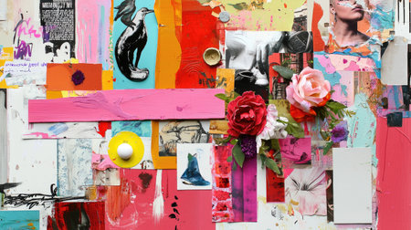 Mixed-media collage wall with patterns and empty border for copyの素材