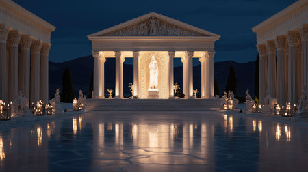 Temple of Burning Man still and glowing at night, calm frame for copyの素材