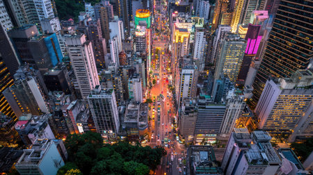 This breathtaking aerial view captures the vibrant city skyline at dusk, showcasing the dynamic interplay of lights and bustling traffic below. Experience the essence of urban life.の素材