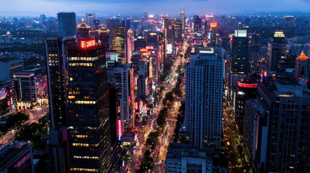 Captivating aerial view of a bustling city skyline during dusk, showcasing illuminated buildings and busy streets that reflect urban life and energy.の素材