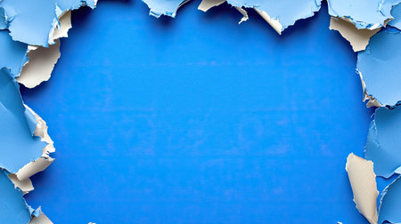 A vibrant blue background features torn paper edges, providing a unique frame. Ideal for creative projects, invitations, and artistic designs.の素材