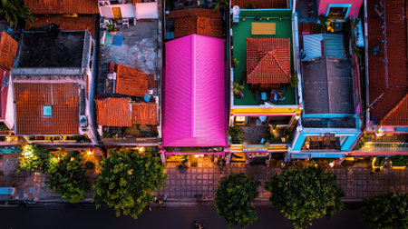 This stunning aerial view captures a vibrant urban neighborhood at dusk, showcasing colorful rooftops, lush greenery, and charming streets, perfect for travel inspiration.の素材