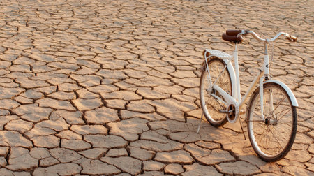 Vibrant art bike parked on dry cracked earth, minimal clean designの素材
