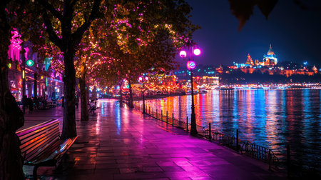 Vibrant island music festival grounds on the Danube, showing empty walkways, lights, and trees with space for textの素材