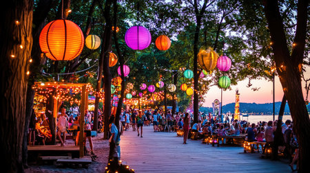 Vibrant island music festival grounds on the Danube, showing empty walkways, lights, and trees with space for textの素材