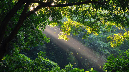 A stunning image capturing sunlight filtering through dense green leaves in a peaceful forest, creating a vibrant and serene atmosphere perfect for relaxation.の素材