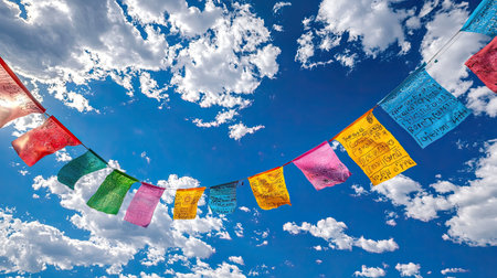 Vibrant art flags fluttering outdoors at global festival with text space skywardの素材