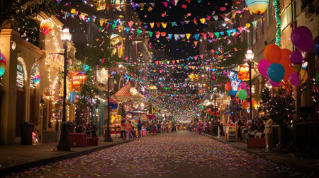 Wide view of carnival parade route with confetti and flags, space for overlayの素材