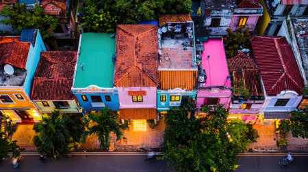This stunning aerial shot captures a vibrant urban neighborhood with colorful houses featuring tiled roofs. The warm glow from the street lights enhances the charm of the scene.の素材