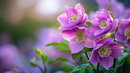 A breathtaking capture of pink flowers blooming gracefully amidst lush green leaves, illuminated by soft sunlight, creating a serene outdoor atmosphere.の素材