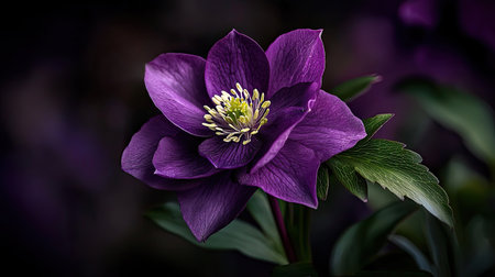 A stunning close-up of a vibrant purple flower showcasing its delicate petals and striking yellow center, set against a dark background to highlight its beauty.の素材
