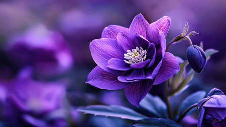 A stunning close-up of a delicate purple flower set against a lush garden backdrop, showcasing vibrant colors and intricate petal details that evoke serenity and beauty.の素材